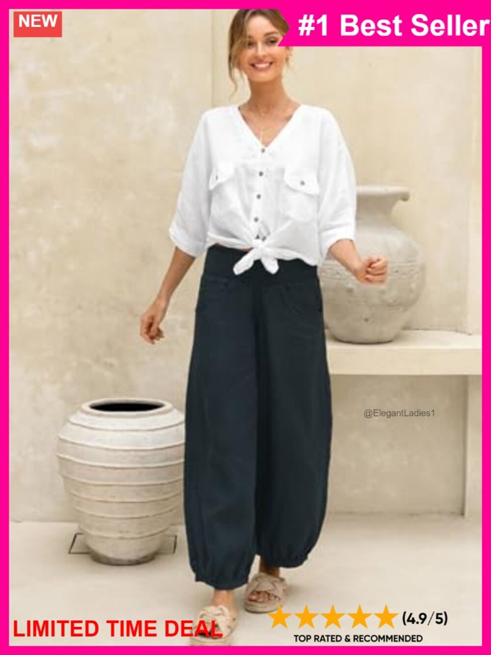 Wide Leg Palazzo Pants Lyocell Linen High Rise Smocked Waist Pockets - Picture 5 of 6